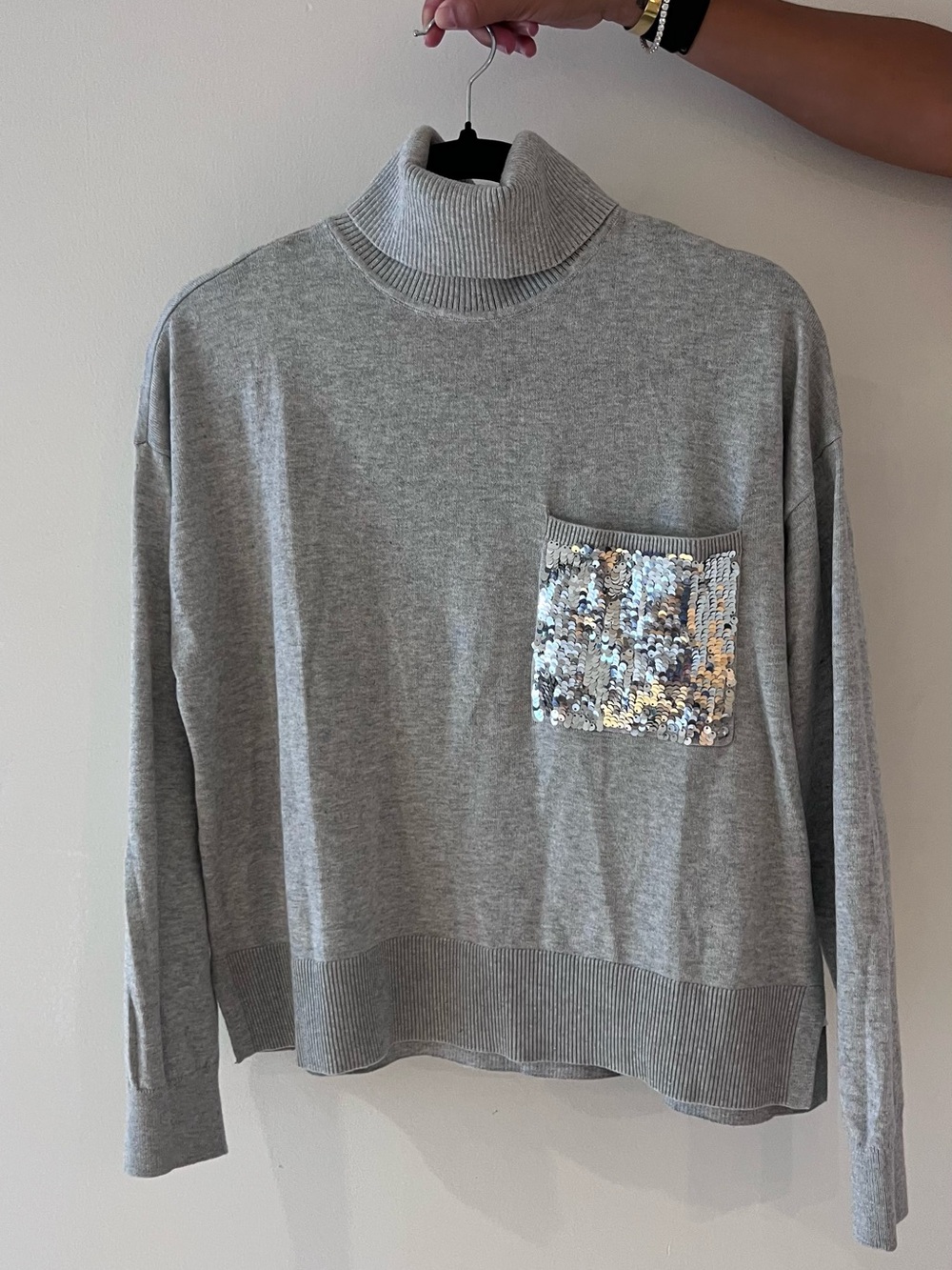DKNY Light Gray Turtleneck Sweater with Silver Sequin Detail